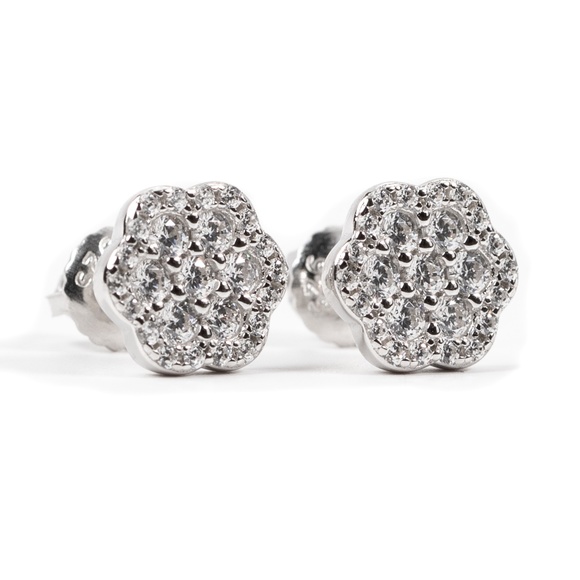 Mens Cluster Iced White Gold Flower Stud Sterling Silver Screw Back Earrings - Picture 1 of 6
